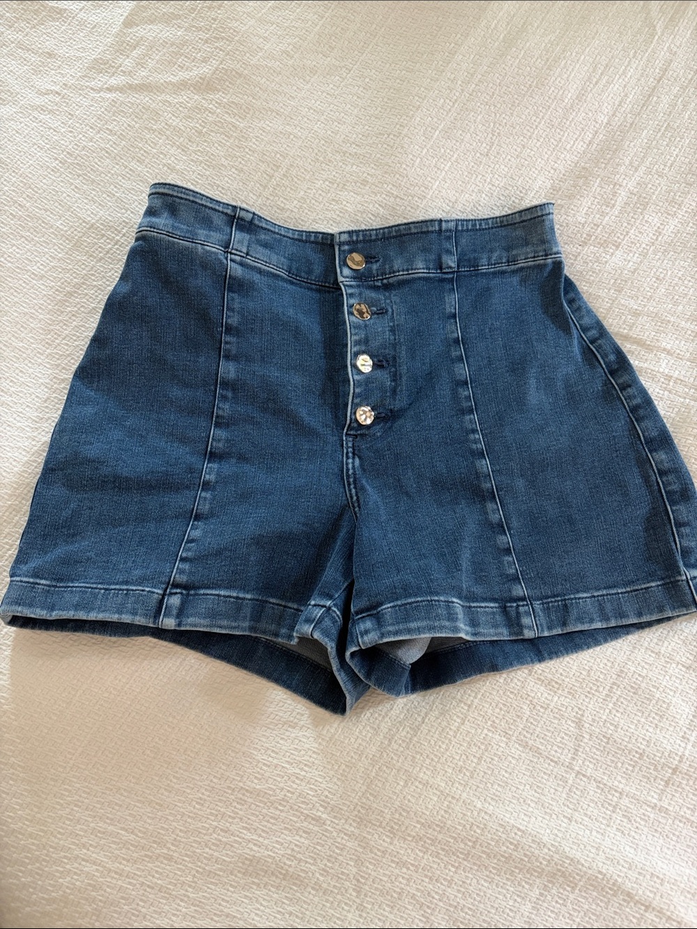 Express High-Waist Dark Blue Denim Shorts with Button Front